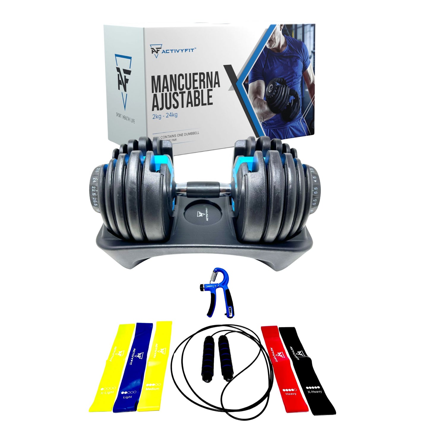 Set 2 Mancuerna Ajustable 2,5 a 24kg con Accesorios